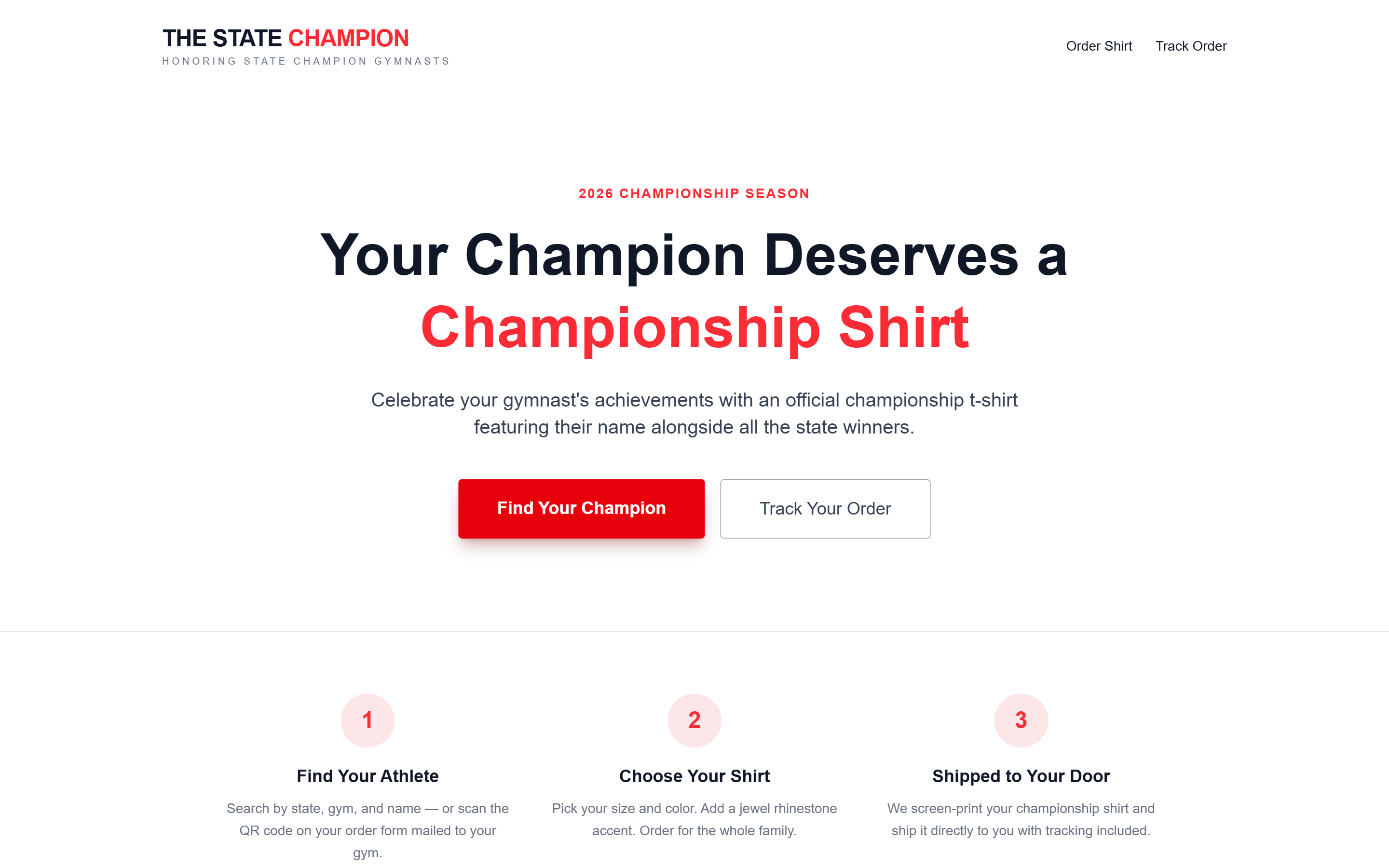 The State Champion storefront, showing the championship shirt ordering page for gymnastics families.
